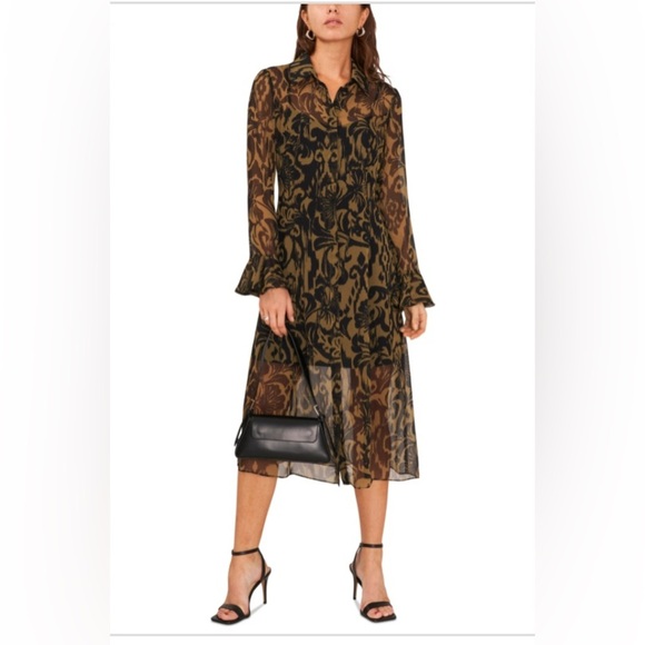 1.STATE olive black multi sheer poet sleeves Chiffon Shirtdress size XS new - Picture 5 of 5